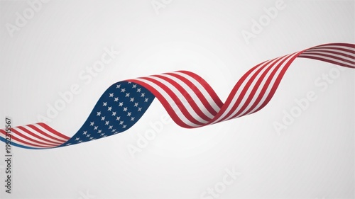 American flag ribbon waving on white background, patriotic red white and blue flowing banner, USA national colors