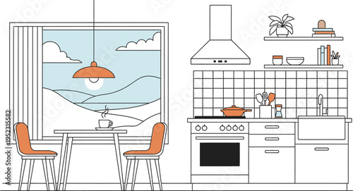 Minimalist kitchen and dining room interior with modern appliances, a breakfast nook, and a large window overlooking a calm landscape.