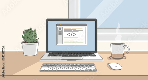 Illustration depicts a clean minimal desk setup featuring a coding laptop next to a potted succulent plant and coffee.