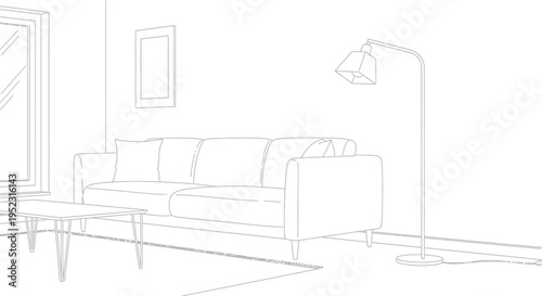 Minimalist living room interior line art featuring a modern sofa coffee table and floor lamp illustration