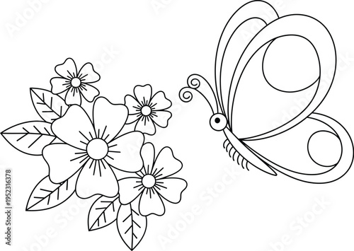 Elegant black and white outline drawing depicting a stylized butterfly approaching a cluster of simple blooming flowers