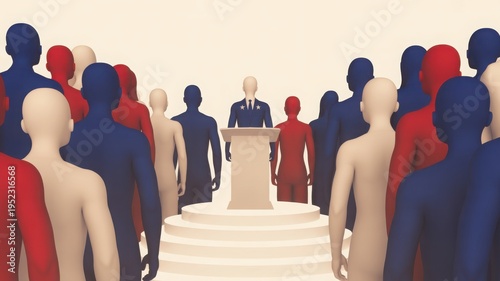 Speaker at Podium Addressing Diverse Crowd in Red, Blue, and Neutral Tones, Representing Public Speaking and Communication