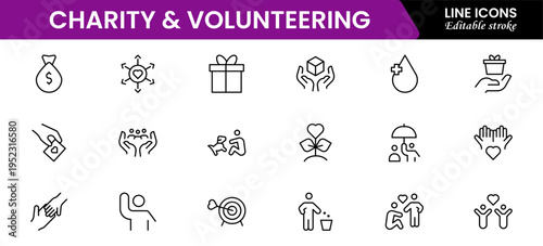 Volunteering and charity web icons in line style. Donate, donor, doctor, care, help, support, collection Vector illustration.