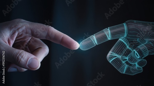Human hand touching glowing digital wireframe robot hand, symbolizing AI, technology, and connection
