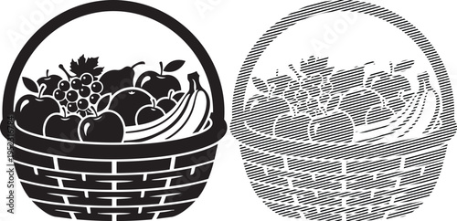 Two intricately woven baskets filled with fresh fruits and vegetables
