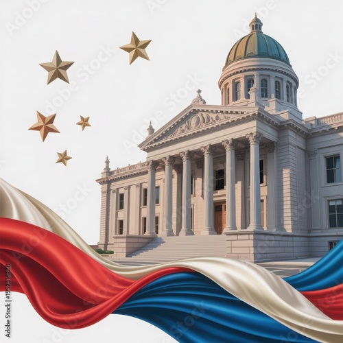 Government Building with American Flag Ribbons and Gold Stars on White Background