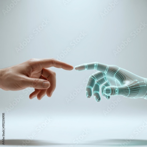 Human hand touching glowing blue digital robot hand, symbolizing AI, technology, and connection