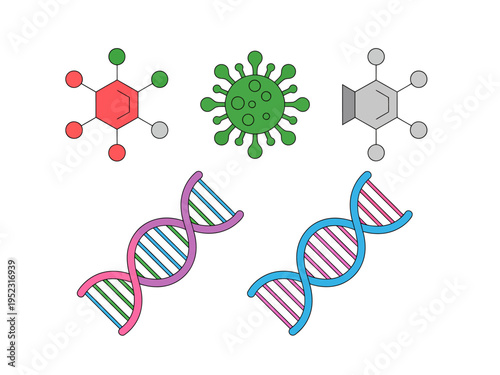 Colorful D N A double helix strands and scientific molecular structures with virus