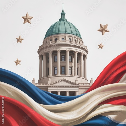 American government building with a green dome and classical columns, framed by flowing red, white, and blue fabric, surrounded by five golden stars, symbolizing patriotism and national pride.