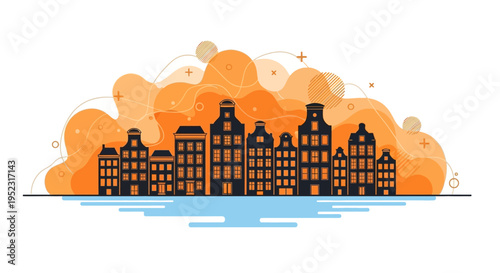 City skyline with tall buildings.