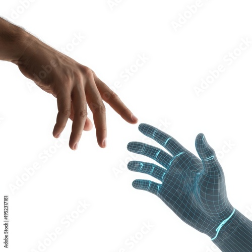 Human hand reaching out to touch a futuristic blue glowing wireframe robotic hand, symbolizing connection, technology, artificial intelligence, and digital innovation on a clean white background