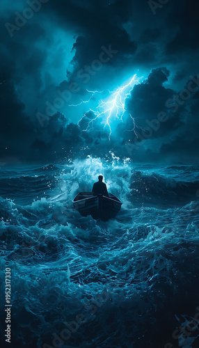 AI-Generated Epic Stormy Ocean Scene with Lone Boat and Lightning – Dramatic Fantasy Seascape