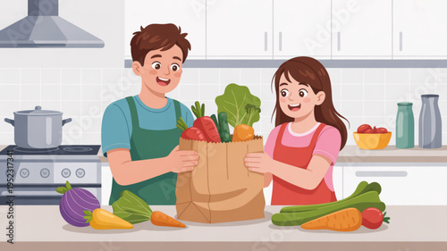 Couple in kitchen preparing healthy meal with fresh vegetables and grocery bag