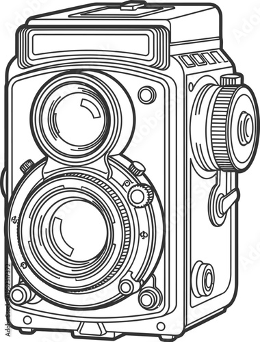 Detailed black and white line art illustration of a vintage twin lens reflex camera isolated on a white background.
