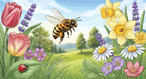 Detailed illustration of a fuzzy honeybee flying near colorful spring flowers in a bright meadow setting