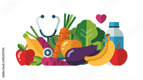 Colorful illustration of fresh fruits and vegetables with stethoscope and water bottle for healthy lifestyle and nutrition