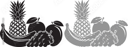 Intricate embroidery designs featuring tropical fruits and pineapples in symmetrical patterns