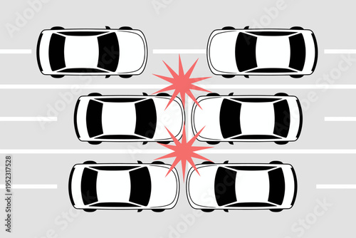 View of a car crash with white vehicles colliding a grey road with red impact bursts