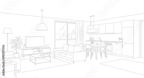 Architectural drawing of a contemporary open-plan home interior, depicting a living room, dining space, and kitchen design.