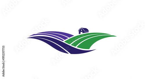 Stylized farm landscape with barn and rolling fields