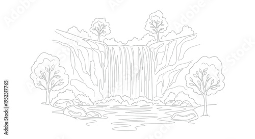 Outline illustration of a majestic waterfall cascading into a tranquil pond, surrounded by lush trees and natural rocks, creating a peaceful scene.