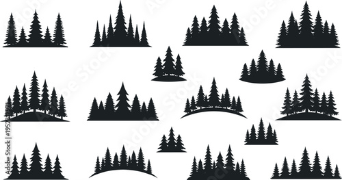 Set of pine forest silhouettes in various shapes including curved landscape evergreen trees nature vector illustration collection