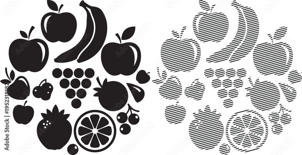 Fototapeta premium Black and white dot pattern of various fruits arranged in two contrasting clusters