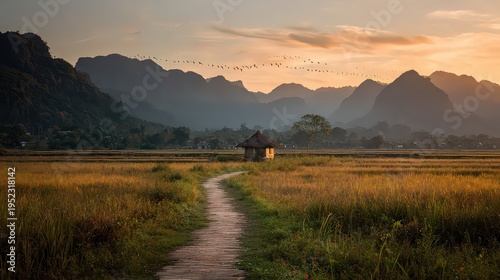 Rural Village Landscape At Sunset Golden Hour With A Small Hut Amidst Golden Fields And Mountain Range Backdrop Tranquil Scenic View