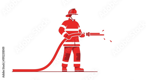 Stylized red firefighter spraying water with hose on white background