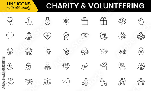 Volunteering and charity web icons in line style. Donate, donor, doctor, care, help, support, collection Vector illustration.