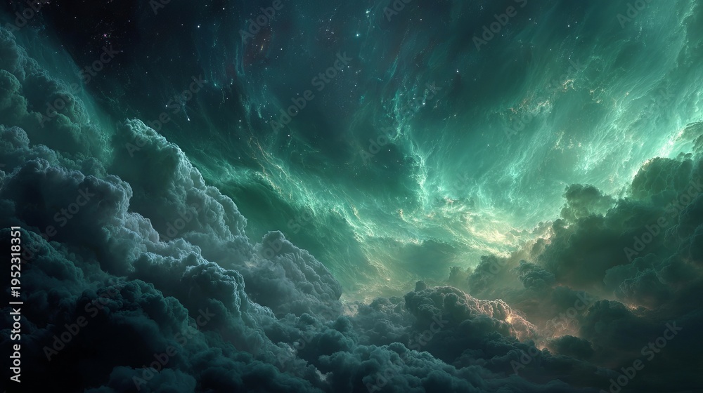 Obraz premium A swirling cosmic nebula, dominated by teal and grey hues, creates a dramatic, ethereal atmosphere