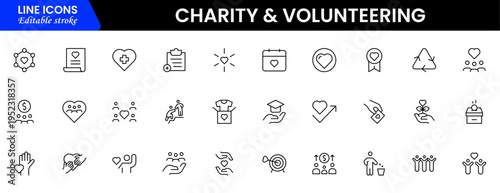 Volunteering and charity web icons in line style. Donate, donor, doctor, care, help, support, collection Vector illustration.