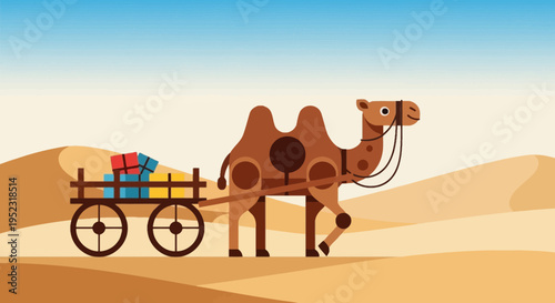 A cartoon camel pulls a cart with colorful gifts through a desert landscape