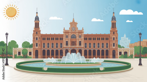 Large ornate building with fountain and green lawn sunny day