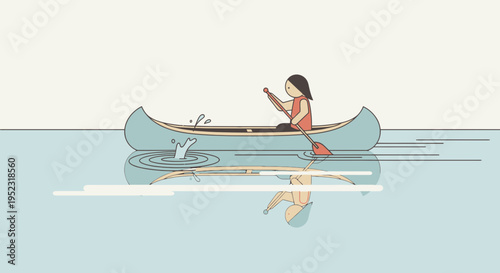 A minimalist illustration of a person canoeing on a lake with reflection