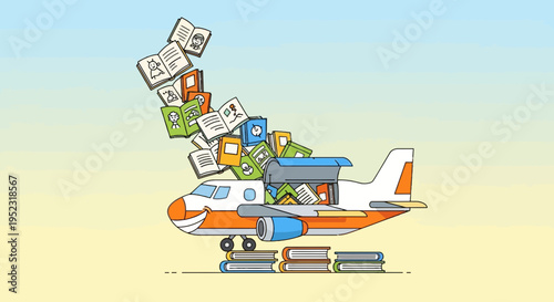 Animated airplane smiling and spilling books into air. Books are stacked under the plane