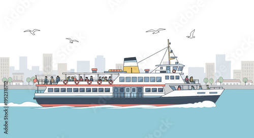 A ferry carrying passengers sails on water, with a city skyline in the background and seagulls