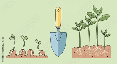 Illustration of plant growth stages, a trowel, and roots