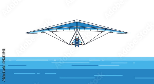 A hang glider soars above water. Pilot in center, blue and white glider, simple style