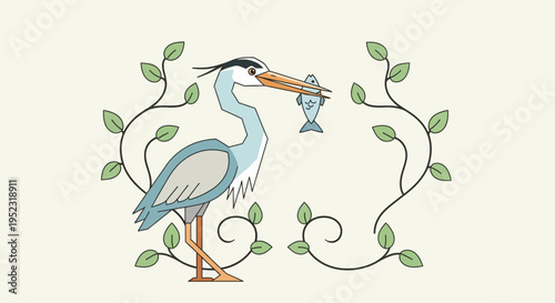 A stylized heron with a fish in its beak is framed by green leafy vines
