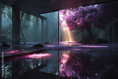 Wallpaper Mural A tranquil modern space frames a vibrant flowering tree, merging interior/exterior with ethereal light and reflections Torontodigital.ca