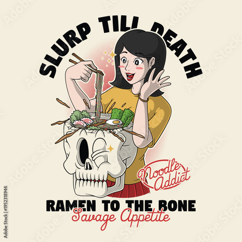 Retro Cartoon Girl Eating Ramen from Skull Bowl Illustration