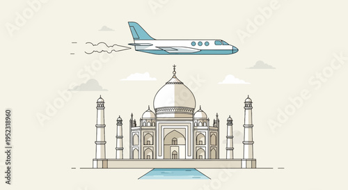 A flat illustration of a landmark with a plane flying above and clouds
