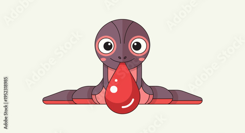 An illustrative worm-like creature with a red teardrop-shaped drop hangs from its mouth