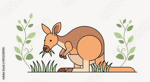 Flat vector illustration of a kangaroo eating grass, with foliage on either side