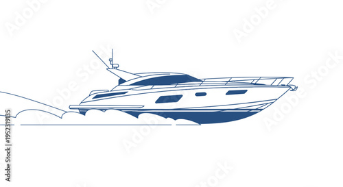 A vector illustration depicts a sleek motorboat cruising on water, leaving wake