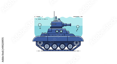 Illustration of a blue submarine-tank hybrid underwater