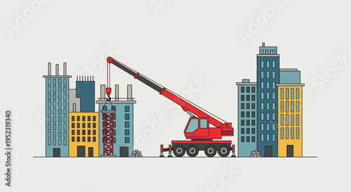 A construction scene with a red crane lifting a structure amid several buildings