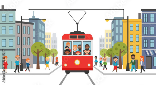 A red tram with passengers travels through a city street. Pedestrians walk alongside buildings