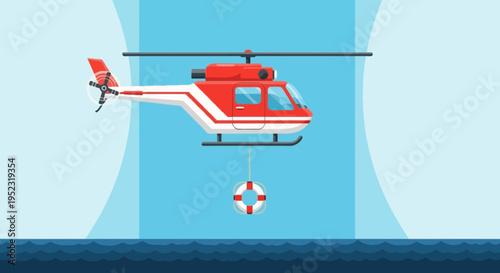 A red and white helicopter hovers above water, dangling a life preserver. Blue tones dominate